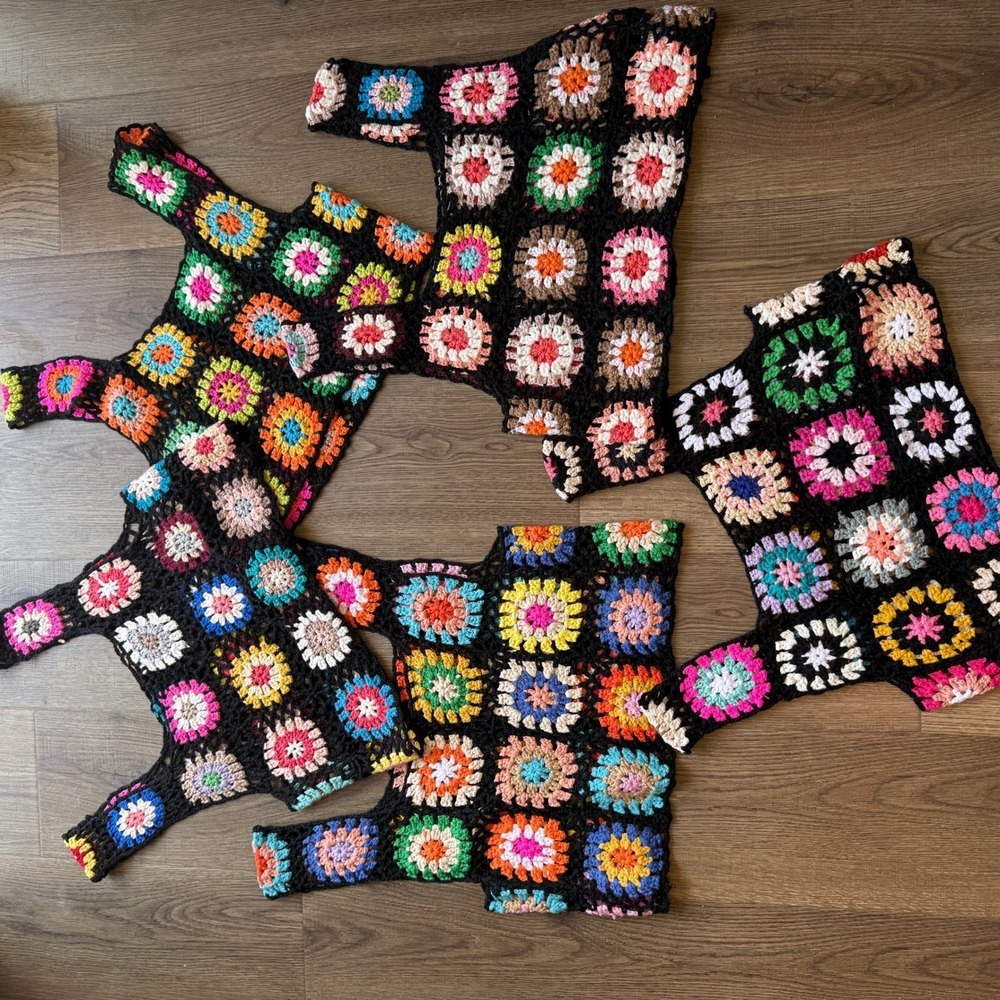 5 Handmade Crochet Granny Square Crop Tops Multi Color Boho Festival Tank Top